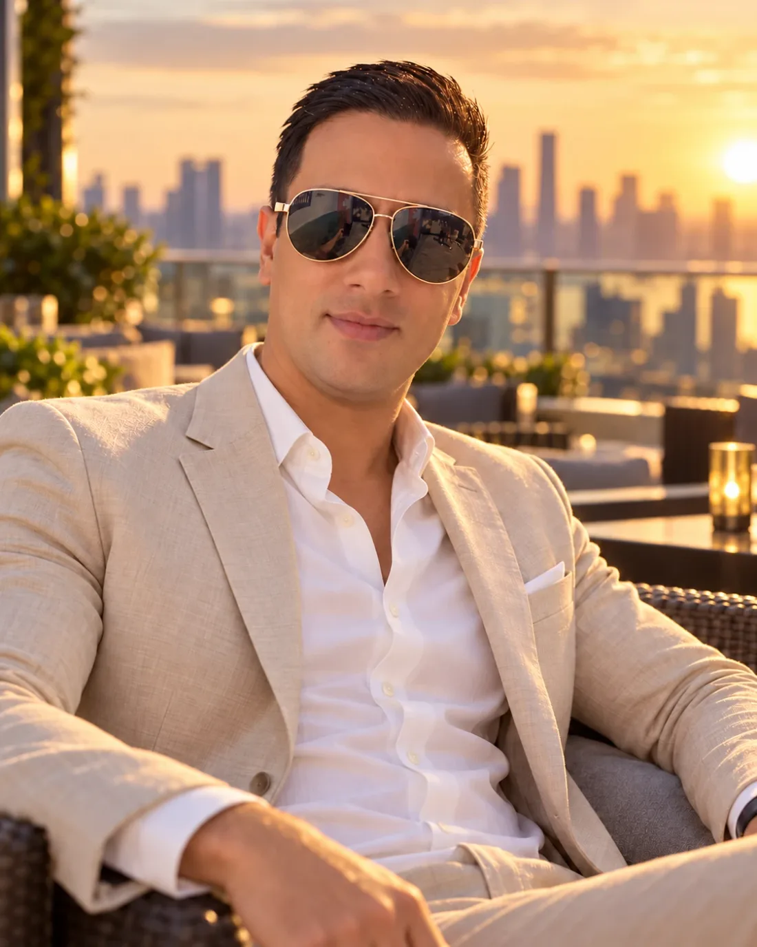 Johan González con blazer beige y gafas de sol en una terraza al atardecer